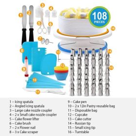 1 Set 11in Rotating Cake Turntable 108Pcs Cake Decorating Supplies Kit Revolving Cake Table Stand Base Baking Tools (Option: BLUE)